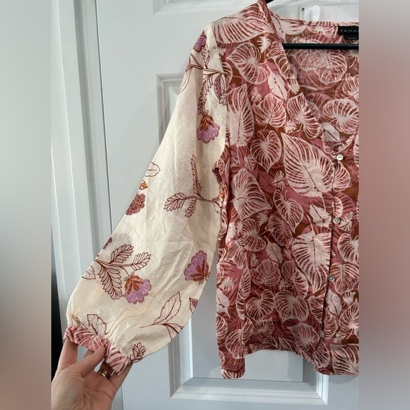 Tahari 100% Linen Popover Blouse Button Front Balloon Sleeve Leaf Floral Size S - Picture 4 of 8